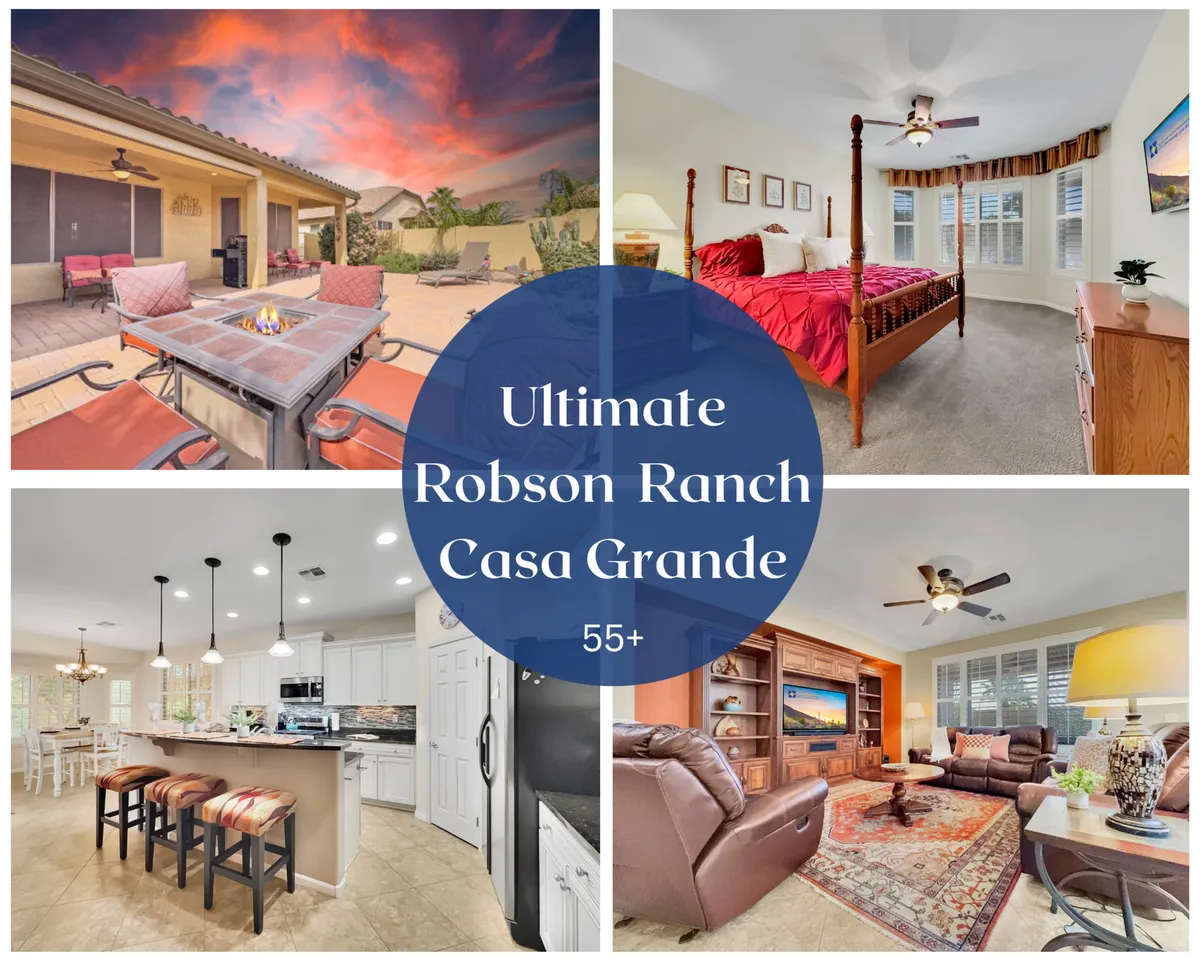 The image showcases an inviting open-concept living space that seamlessly flows from a modern kitchen with a stylish island to a comfortable living room, leading out to a cozy outdoor seating area with a fire pit, all bathed in warm Arizona light. The scene hints at both social gatherings and quiet relaxation, with glimpses of a tranquil bedroom with large windows.